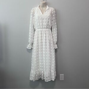 Shein White Long Sleeve Swiss Dot Midi Dress Size 2